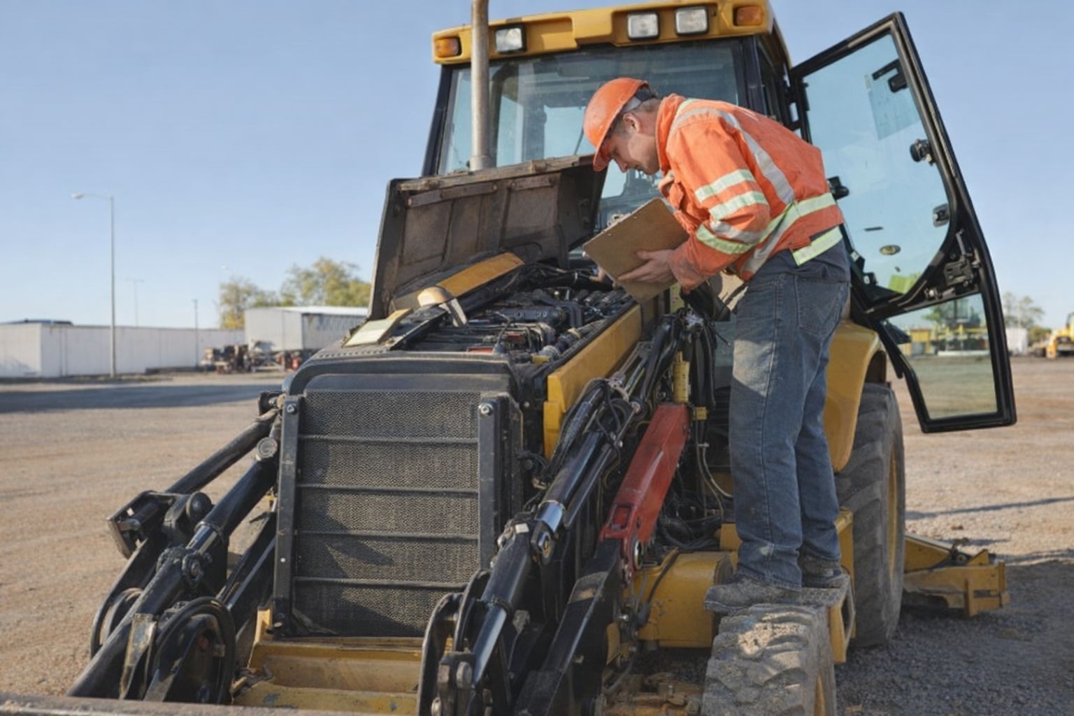 En tekniker i varselkläder inspekterar motorn på en gul traktorgrävare.