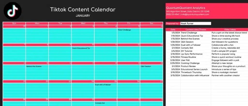 Färgglad TikTok-redaktionskalender med innehållsidéer och publiceringsdatum