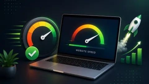 Laptop med mätare för webbplatshastighet och raket som lyfter